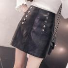 Double-breasted A-line Faux Leather Skirt