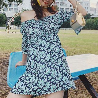 Off-shoulder Short-sleeve Leaf Print Mini A-line Dress