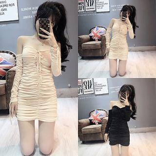 Off-shoulder Drawstring Long-sleeve Mini Sheath Dress