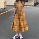 Short-sleeve Plaid Midi Dress Plaid - Yellow - One Size