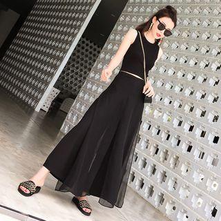 Set: Crew-neck Tank Top + Plain Wide-leg Pants