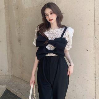 Bow Accent Jumper Pants / Lace Top
