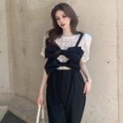 Bow Accent Jumper Pants / Lace Top