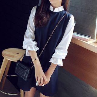 Mock Two-piece 3/4-sleeve Band Collar Dress