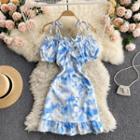 Off-shoulder Puff-sleeve Asymmetrical Tie-dye Spaghetti-strap Dress