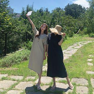 Wide-collar Slit-side Linen Blend Dress