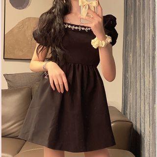 Puff-sleeve Rhinestone Mini A-line Dress
