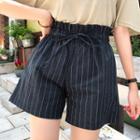 Paperbag-waist Striped Linen Blend Shorts