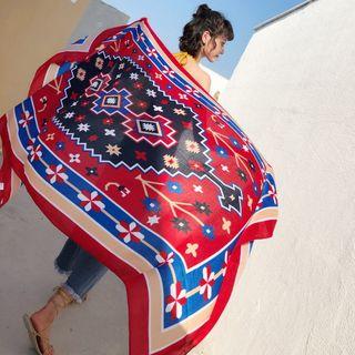 Pattern Shawl Red & Blue Geometric Flower - 180cm X 100cm