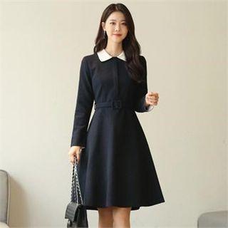 Contrast-collar Textured A-line Dress