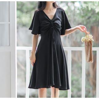 Short-sleeve Plain Drawstring Mini Dress