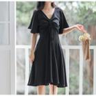 Short-sleeve Plain Drawstring Mini Dress
