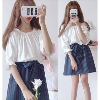 Off Shoulder Elbow-sleeve Top / Pinstriped A-line Skirt