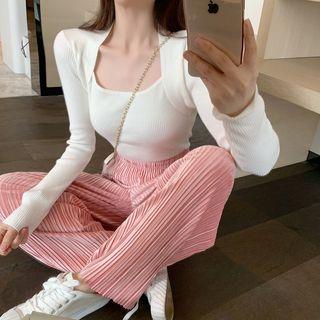 Square Neck Long-sleeve Top / Pleated Wide Leg Pants