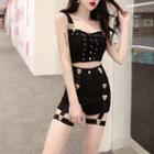 Lace-up Studded Cropped Top / Leopard Strap Hot Pants