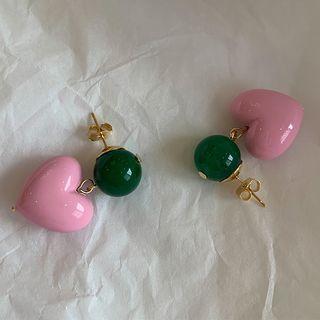 Heart Drop Earring 1 Pair - Green & Pink - One Size