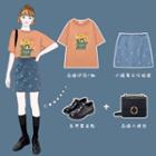 Short-sleeve Cartoon Print T-shirt / Fitted Floral Denim Mini Skirt