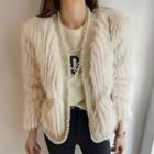 Faux-pearl Trim Faux-fur Jacket Beige - One Size
