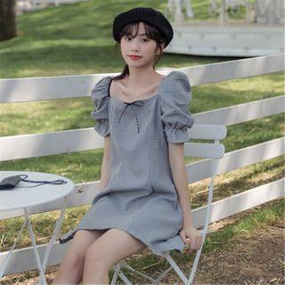 Puff-sleeve Plaid Square-neck Top / A-line Mini Dress