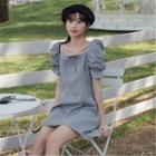 Puff-sleeve Plaid Square-neck Top / A-line Mini Dress