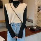 Set: Plain T-shirt + V-neck Knit Vest