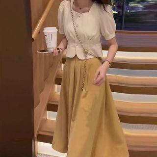 Puff-sleeve Button-up Top / Midi A-line Skirt