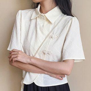 Elbow-sleeve Collar Frog-button Top