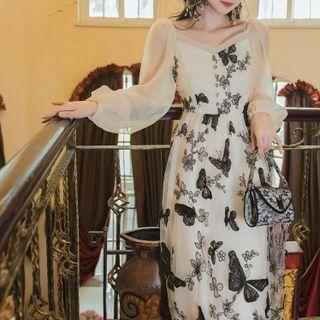 Long-sleeve Butterfly Mesh Midi A-line Dress