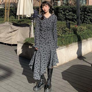 Long-sleeve Floral Print Midi Dress / Plain Blazer