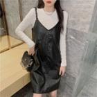 Crinkled Long-sleeve Top / Midi A-line Pinafore Dress