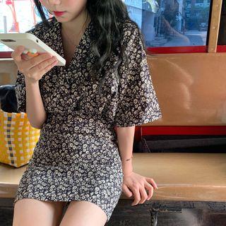 Set: Flower Print V-neck Short-sleeve Shirt + High-waist Mini A-line Skirt Set Of 2 - Floral - One Size