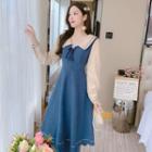 Long-sleeve Lapel Color Block Dress