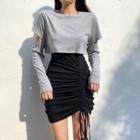 Set: Spaghetti Strap Drawstring Sheath Dress + Elbow-cutout Pullover