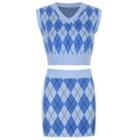 Sleeveless Argyle Knit Crop Top / Fitted Mini Skirt