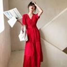 Short-sleeve V-neck Button Midi A-line Dress