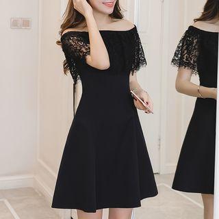 Off Shoulder Lace Trim A-line Dress