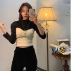Mock Two-piece Shirred-sleeve Cropped Knit Top
