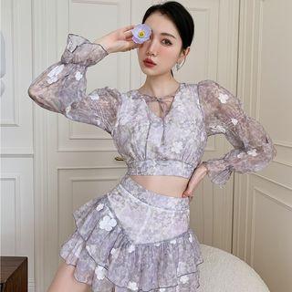 Long-sleeve Floral Mesh Crop Top / Tiered Mini A-line Skirt