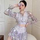Long-sleeve Floral Mesh Crop Top / Tiered Mini A-line Skirt