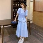 Puff-sleeve Cropped Top / Plain A-line Skirt