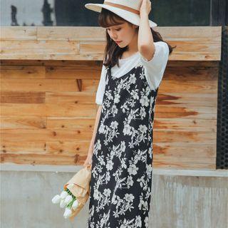 Spaghetti Strap Floral Print Dress Black & White - One Size