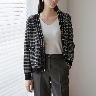 V-neck Stitched Checked Cardigan