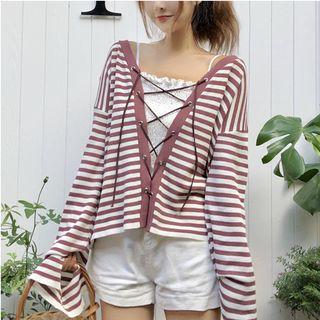 Lace-up V-neck Striped Top