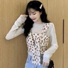 Long-sleeve Top / Floral Print Tie-front Camisole Top