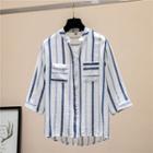 Elbow-sleeve V-neck Striped Loose Fit Shirt