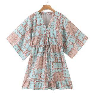 Short-sleeve V-neck Print Drawstring Ruffle Dress