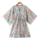 Short-sleeve V-neck Print Drawstring Ruffle Dress