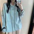 Embroidered Hooded Long-sleeve T-shirt Gray - One Size
