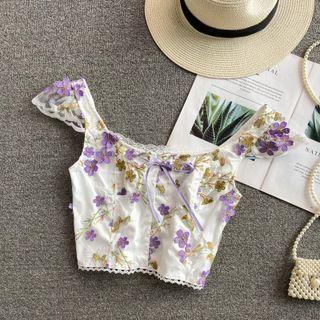 Floral Embroidered Crop Tank Top White - One Size