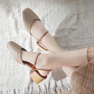 Faux Leather Double Strap Pointed Block Heel Mules